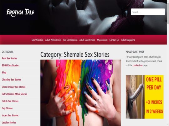 Pregled Erotica Tale Shemale, spletno mesto, ki je eno izmed mnogih priljubljenih spletnih mest z zgodbami o spolnih zgodbah transseksualcev