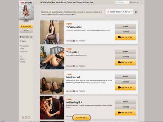 CamContacts Trans a cam site, where you can chat with models via messages and video chat over the world.