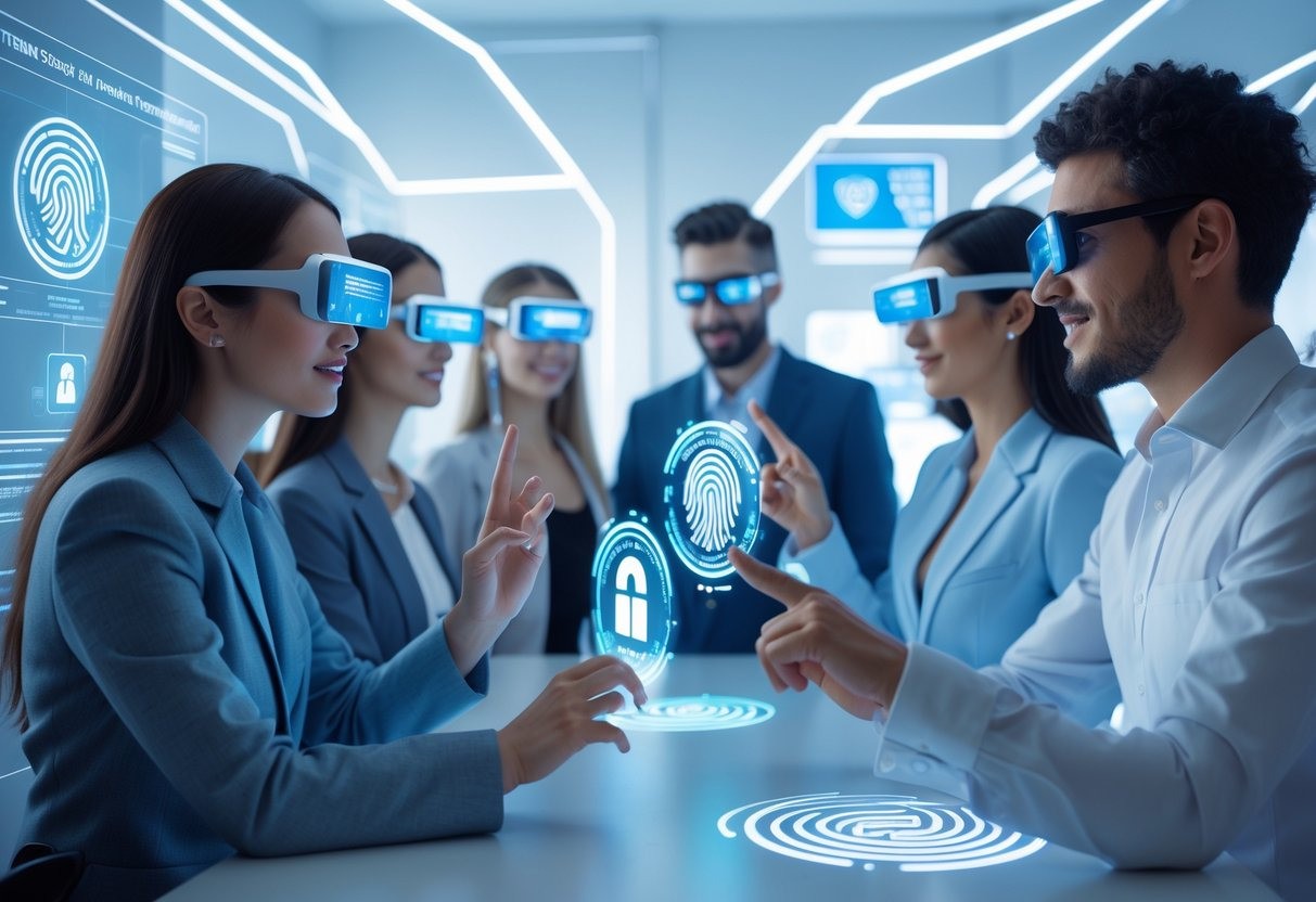 WebXR headset trying out the audio, visual and touch technology while sitting down in a group communicating with one another.